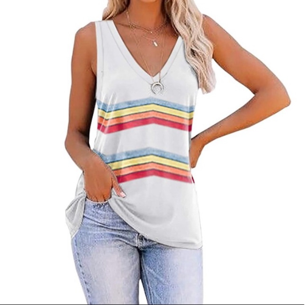 White v neck sleeveless rainbow zig zag oversized tank top size large